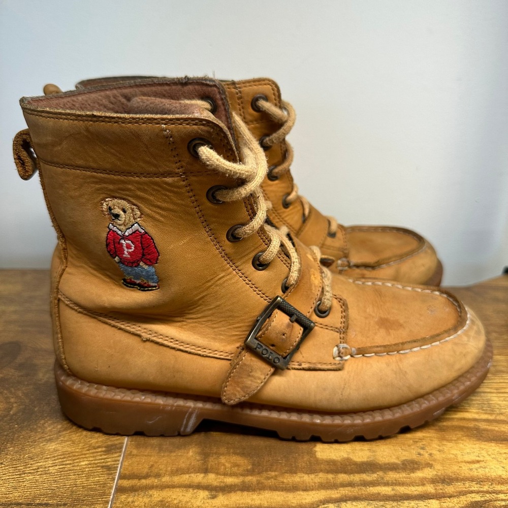 Polo Ralph Lauren Ranger Boots Tan Leather Polo Bear Moc Toe Buckle - Picture 1 of 13